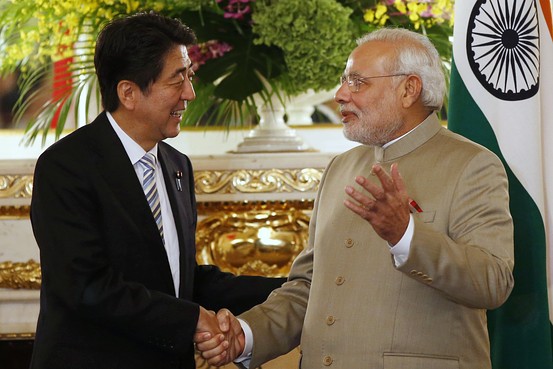 Japan's Prime Minister Shinzo Abe and India's Prime Minister Narendra Modi in Japan