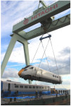 Hitachi - A Class 800 train is being loaded for shipment to UK